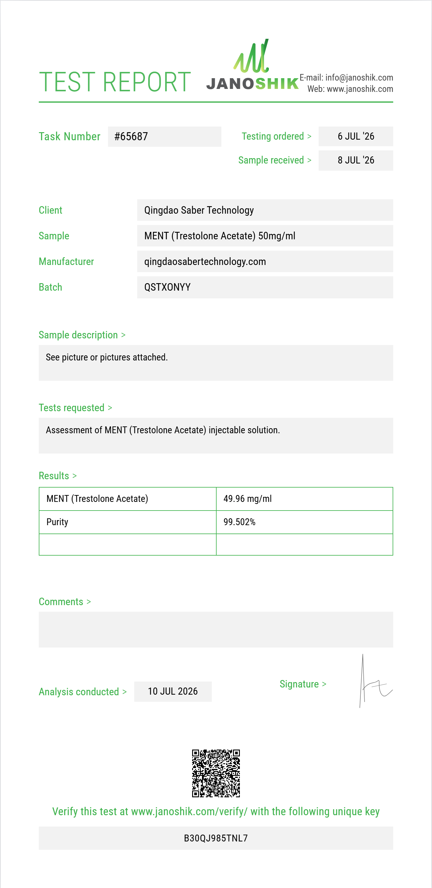MENT (Trestolone Acetate) Purity (HPLC) report by Janoshik Analytical