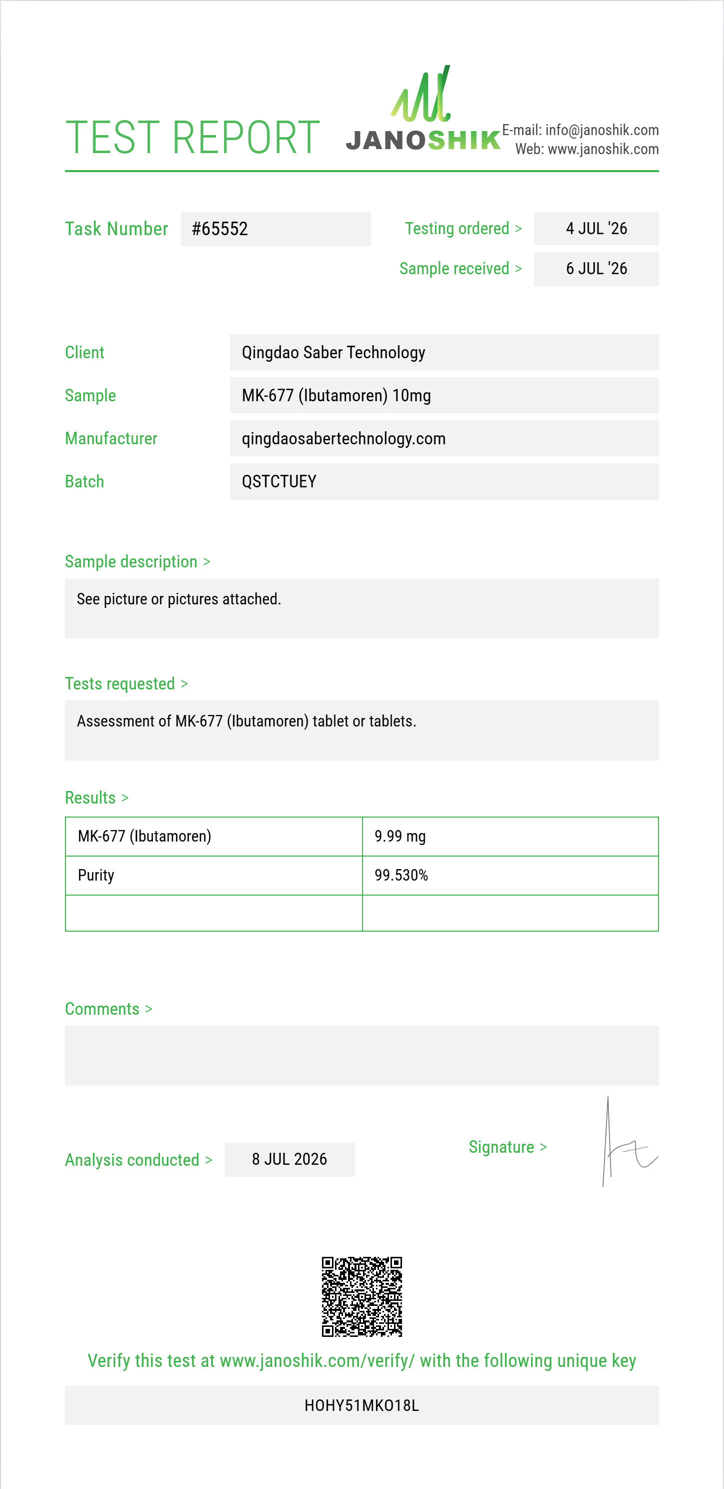 MK-677 (Ibutamoren) Purity (HPLC) report by Janoshik Analytical