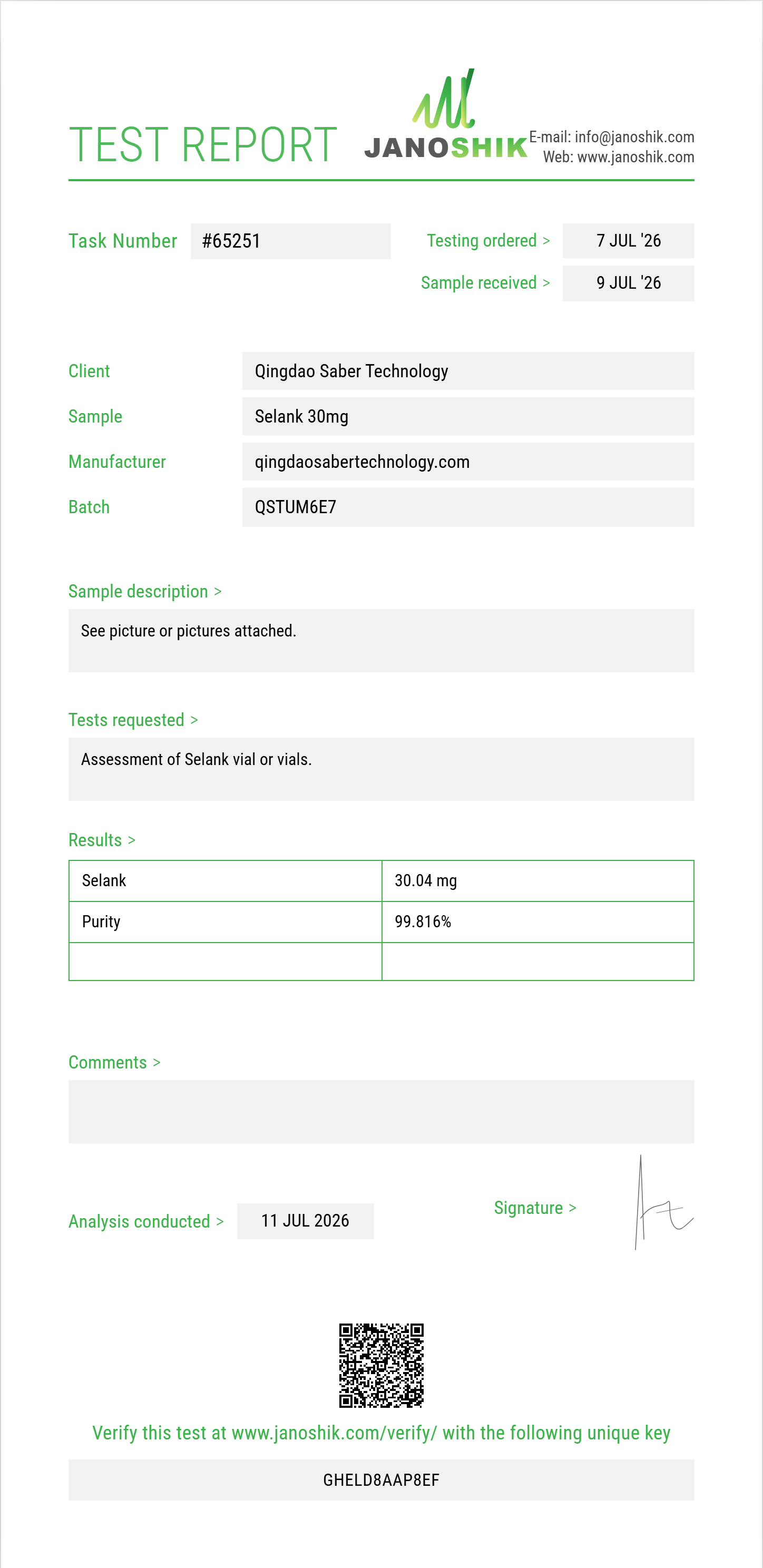 Selank Purity (HPLC) report by Janoshik Analytical