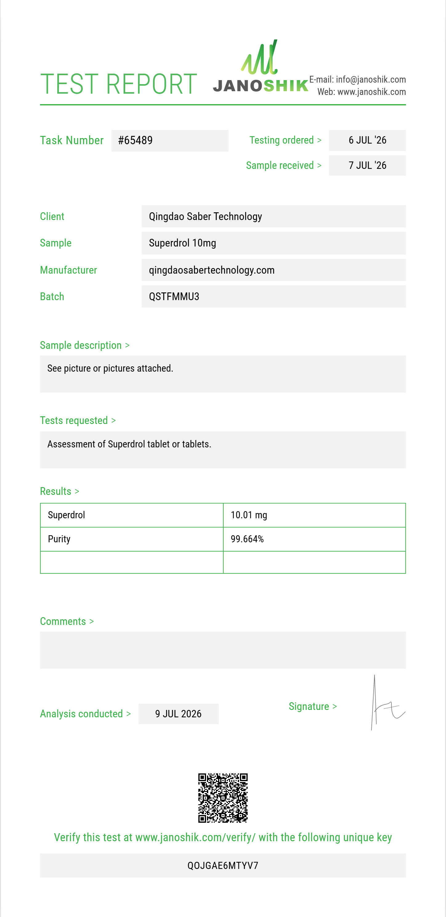 Superdrol Purity (HPLC) report by Janoshik Analytical