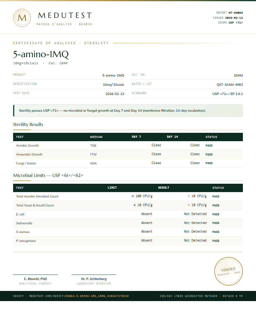 5-amino-1MQ Sterility report by Medutest