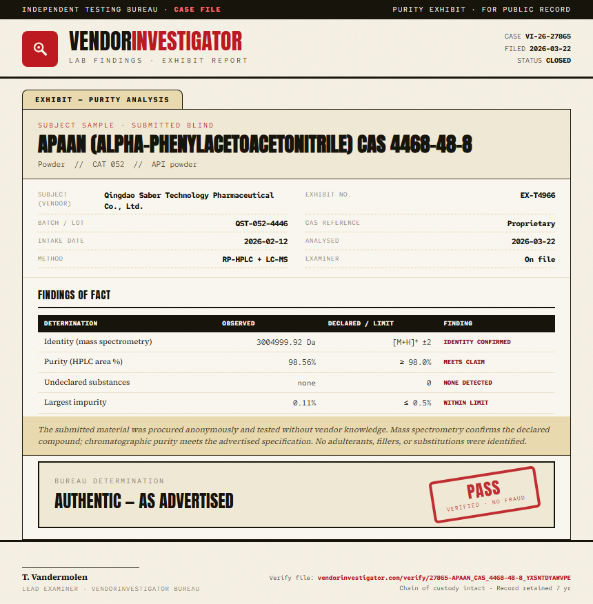 APAAN (alpha-phenylacetoacetonitrile) CAS 4468-48-8 Purity (HPLC) report by VendorInvestigator