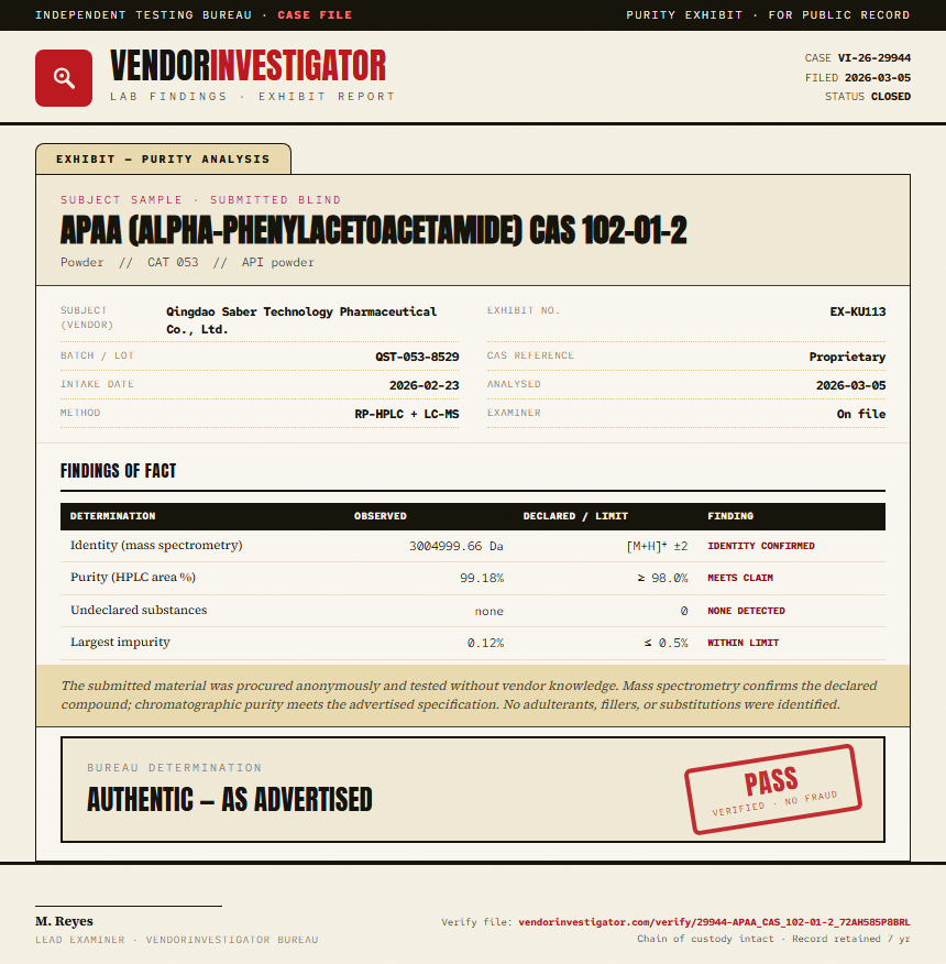 APAA (alpha-phenylacetoacetamide) CAS 102-01-2 Purity (HPLC) report by VendorInvestigator