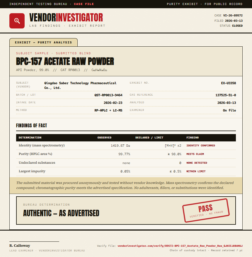 BPC-157 Acetate Raw Powder Purity (HPLC) report by VendorInvestigator