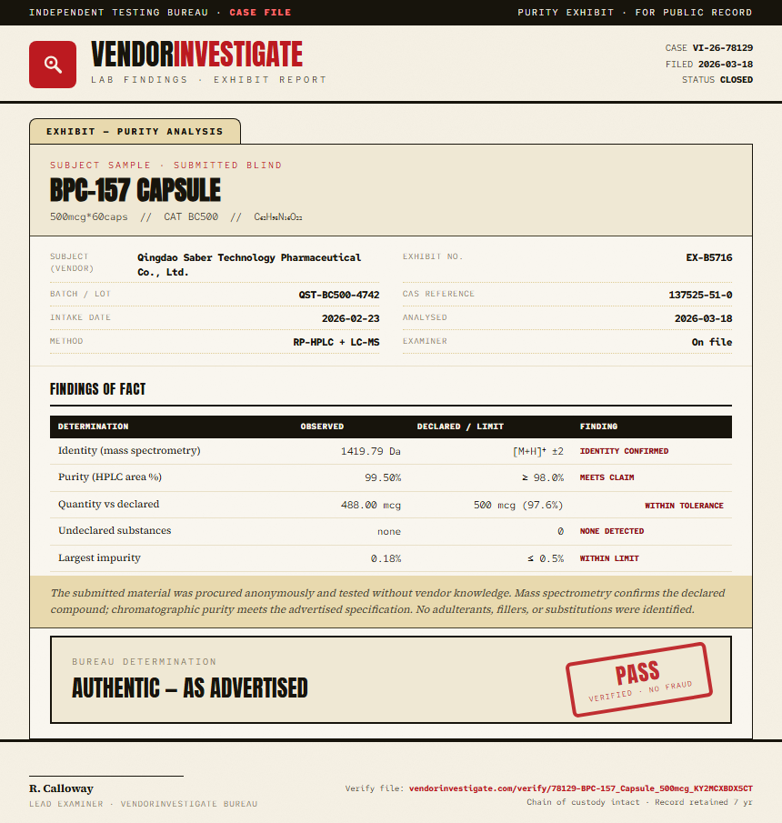 BPC-157 Capsule Purity (HPLC) report by VendorInvestigate