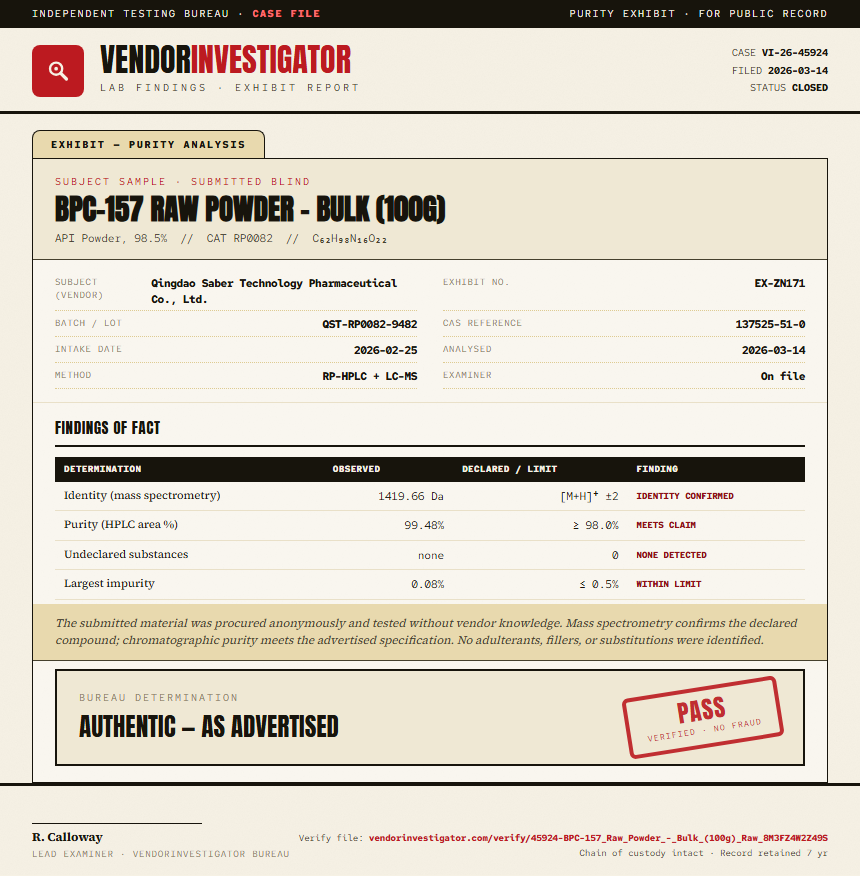 BPC-157 Raw Powder - Bulk (100g) Purity (HPLC) report by VendorInvestigator