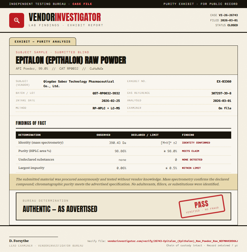 Epitalon (Epithalon) Raw Powder Purity (HPLC) report by VendorInvestigator