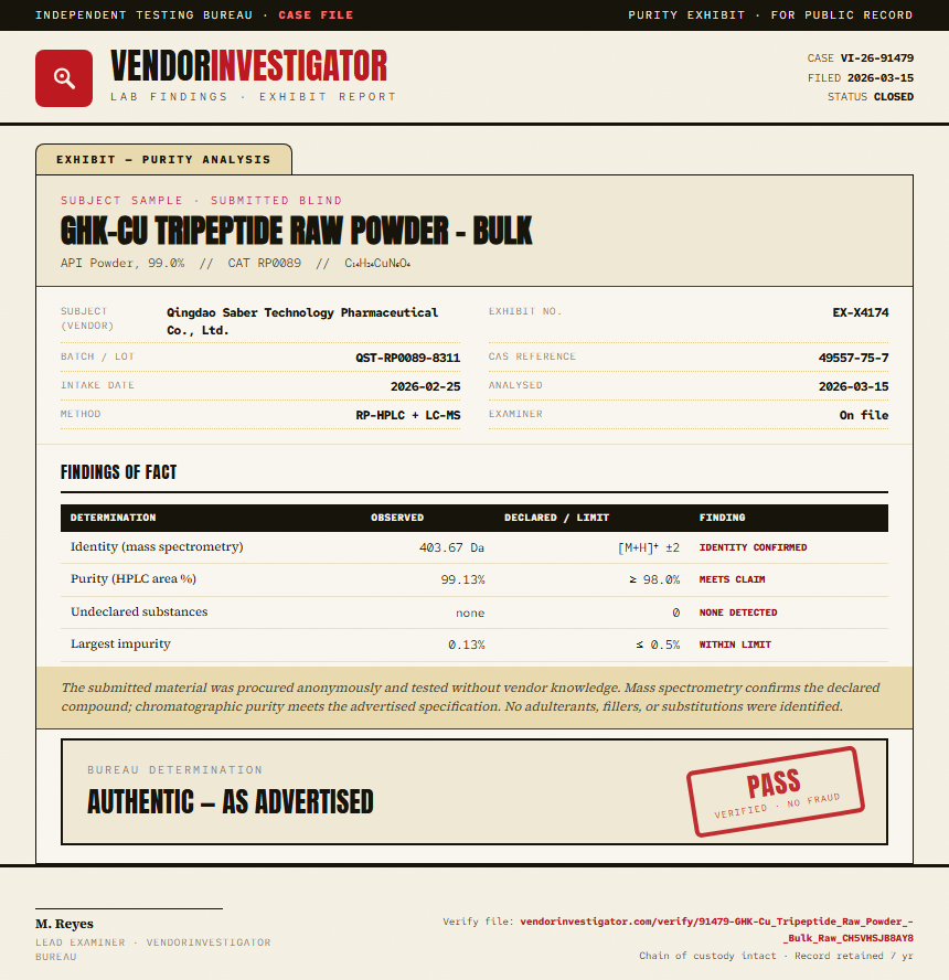 GHK-Cu Tripeptide Raw Powder - Bulk Purity (HPLC) report by VendorInvestigator