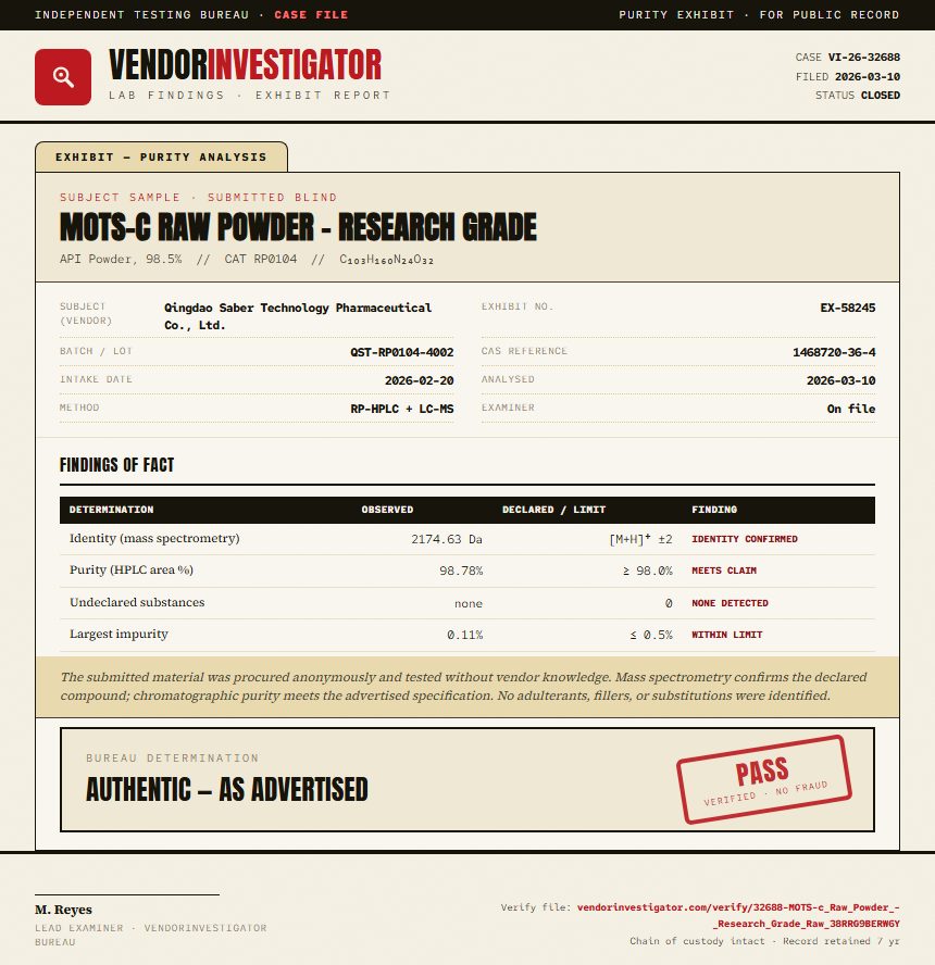 MOTS-c Raw Powder - Research Grade Purity (HPLC) report by VendorInvestigator