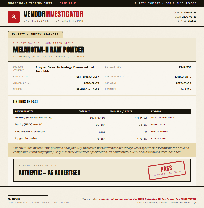 Melanotan-II Raw Powder Purity (HPLC) report by VendorInvestigator