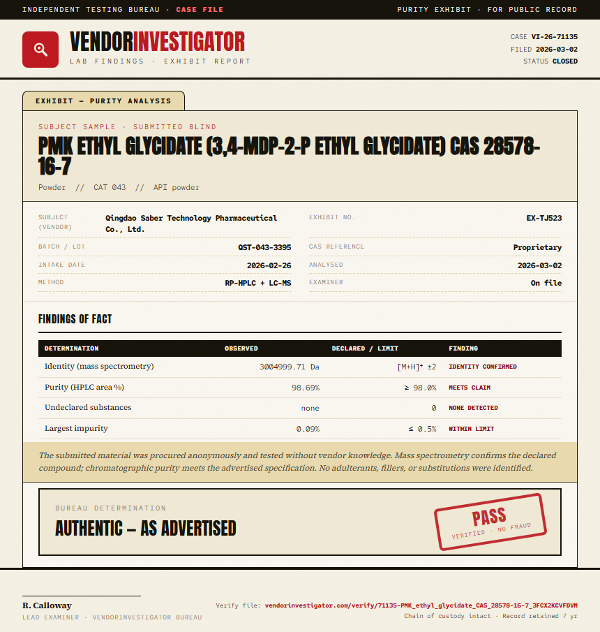 PMK ethyl glycidate (3,4-MDP-2-P ethyl glycidate) CAS 28578-16-7 Purity (HPLC) report by VendorInvestigator