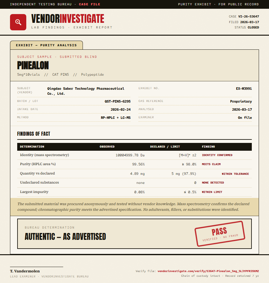 Pinealon Purity (HPLC) report by VendorInvestigate