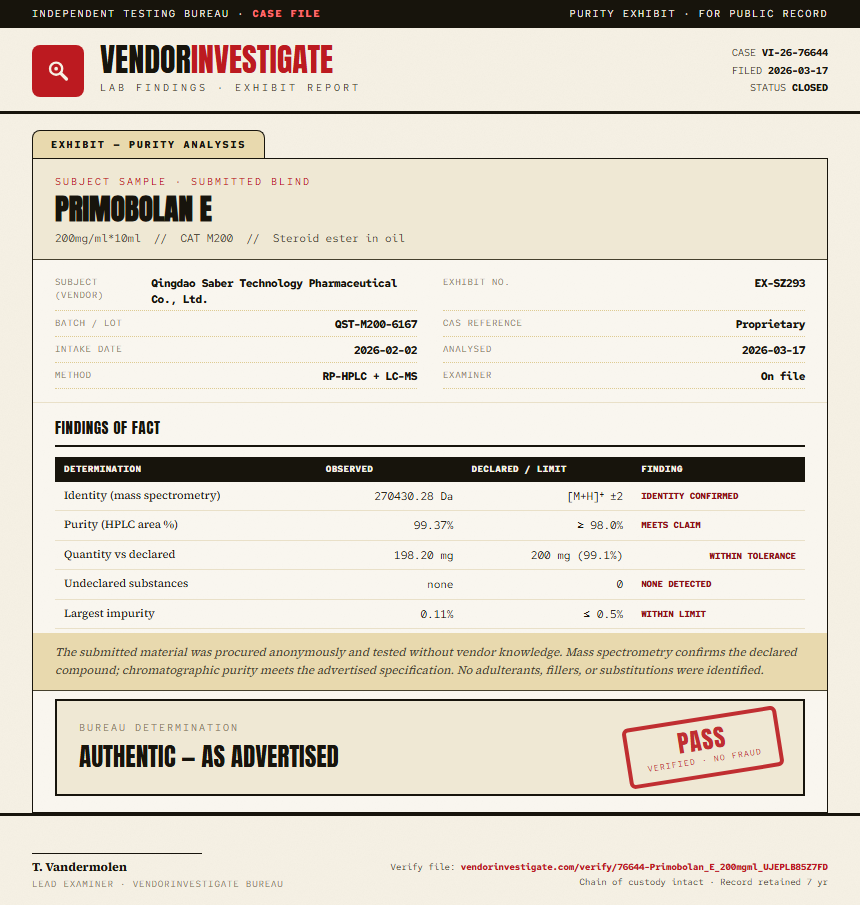 Primobolan E Purity (HPLC) report by VendorInvestigate