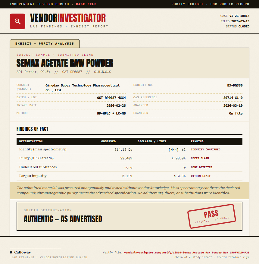 Semax Acetate Raw Powder Purity (HPLC) report by VendorInvestigator