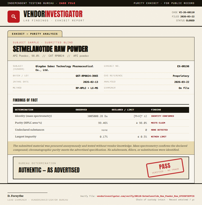 Setmelanotide Raw Powder Purity (HPLC) report by VendorInvestigator