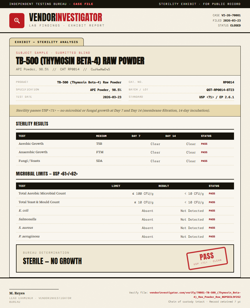 TB-500 (Thymosin Beta-4) Raw Powder Sterility report by VendorInvestigator